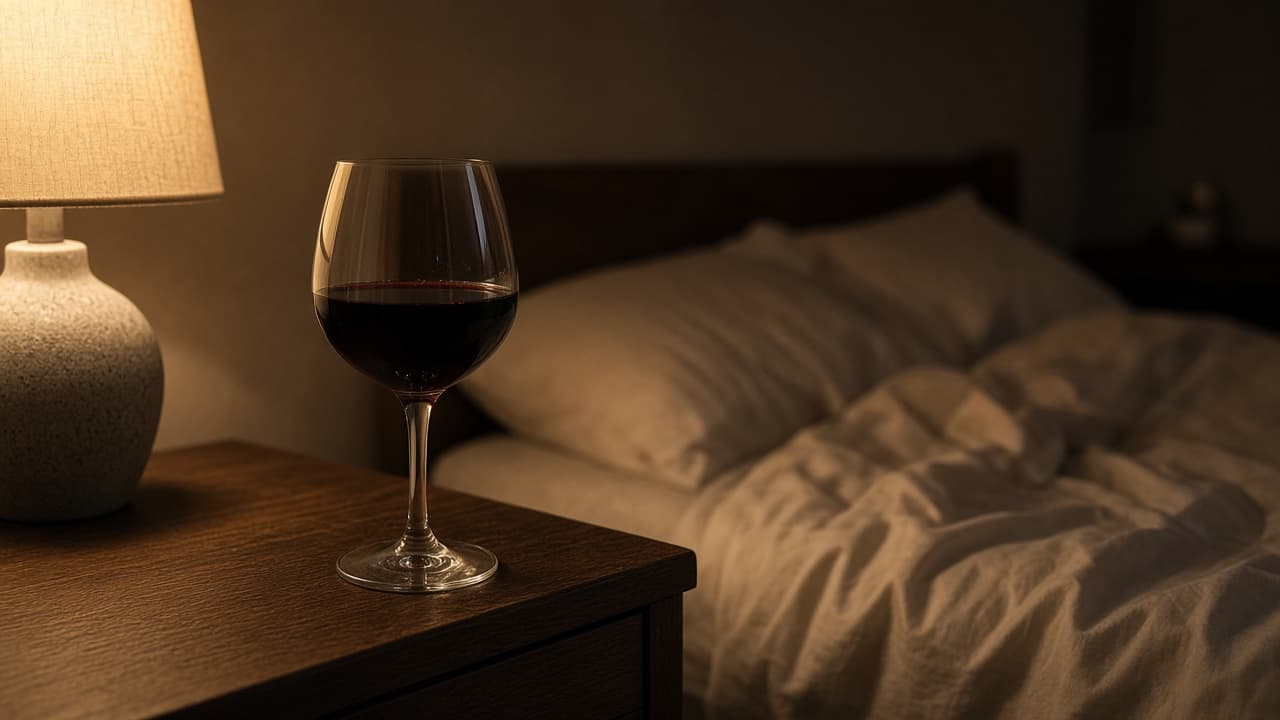 Wijnglas op een nachtkastje naast een bed in avondlicht