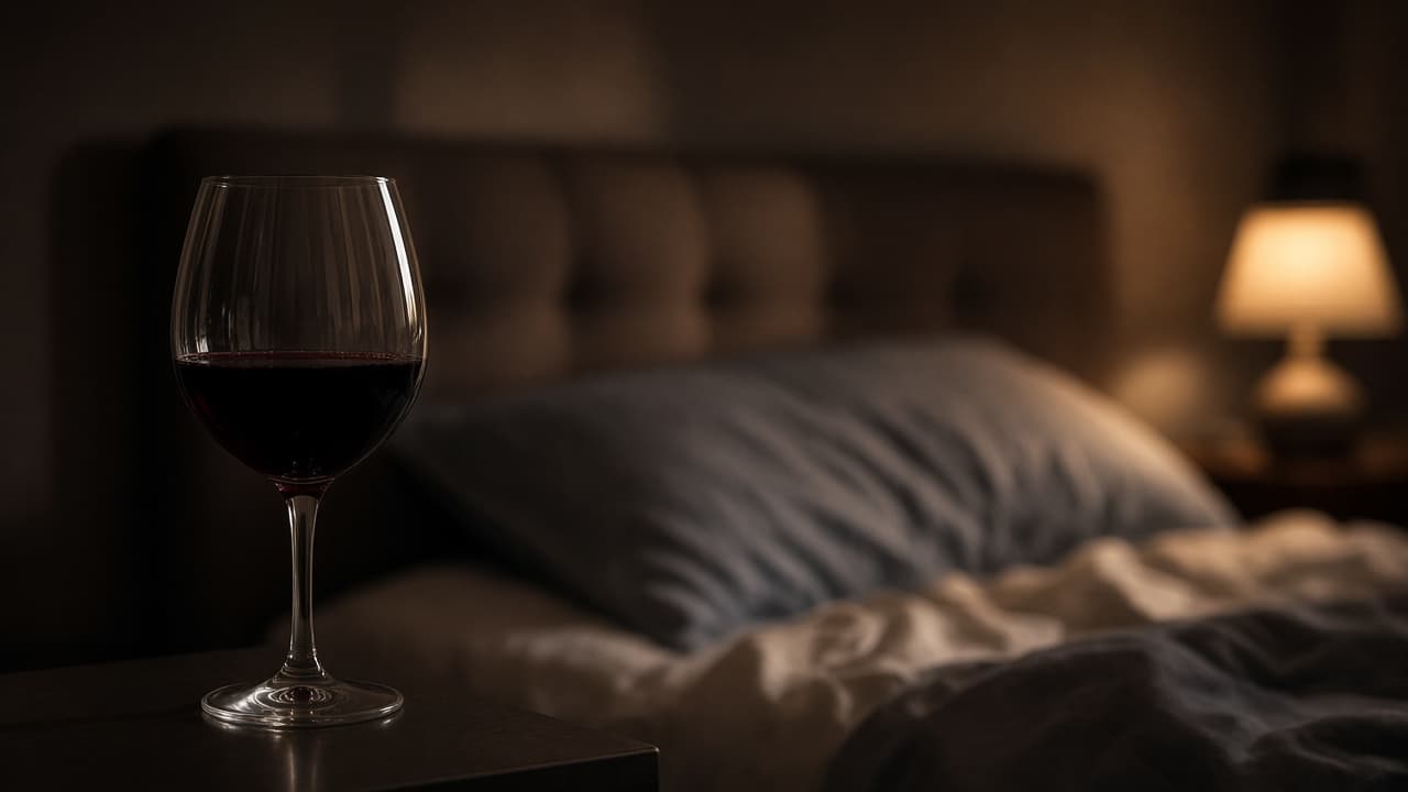 Wijnglas op de voorgrond met een slaapkamer en kussen op de achtergrond