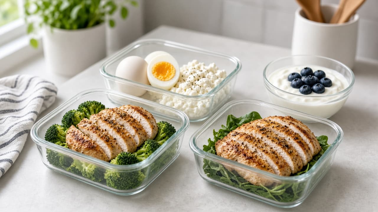 Mealprep-bakjes met kip, eieren en yoghurt voor eiwit over de dag