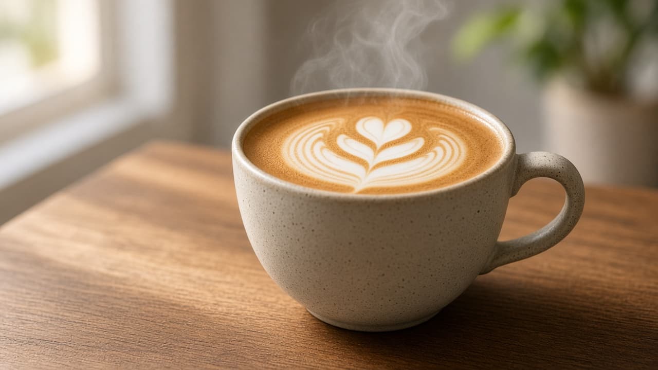 Kop latte met stoom in zacht middaglicht