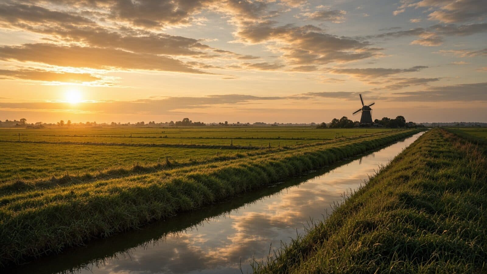 Nederlands polderlandschap in zonlicht — het lichte seizoen