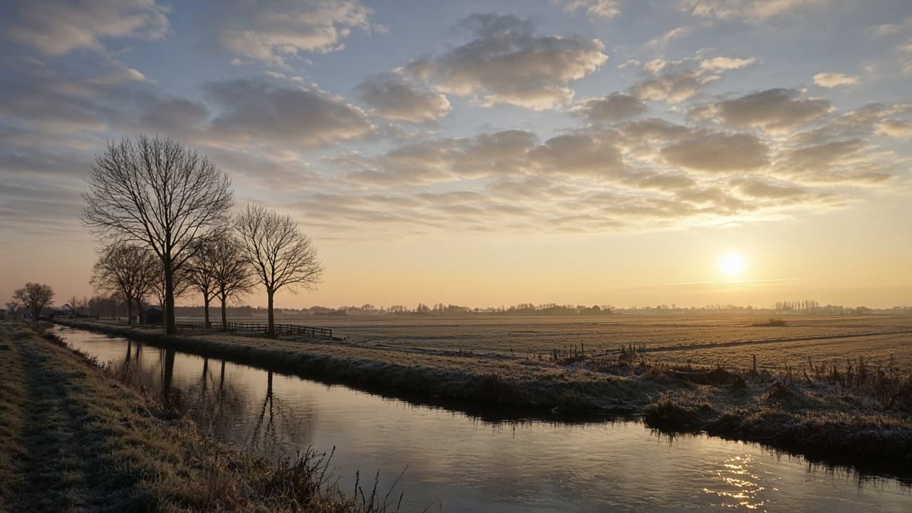 Lage winterzon boven een Nederlandse polder met kanaal