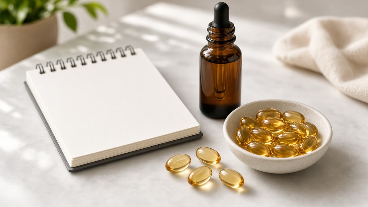 Groenten op een werkblad naast de keuze voor vis of capsule