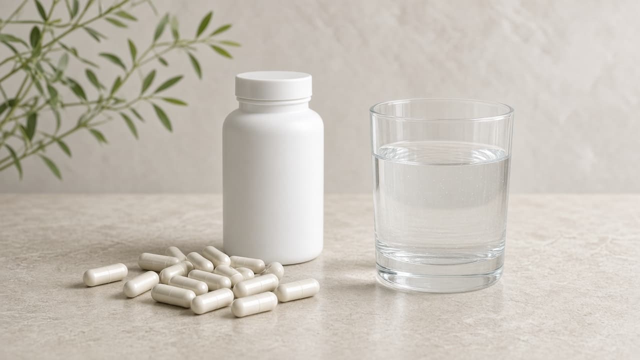 Supplementpot, capsules en een glas water op een licht blad