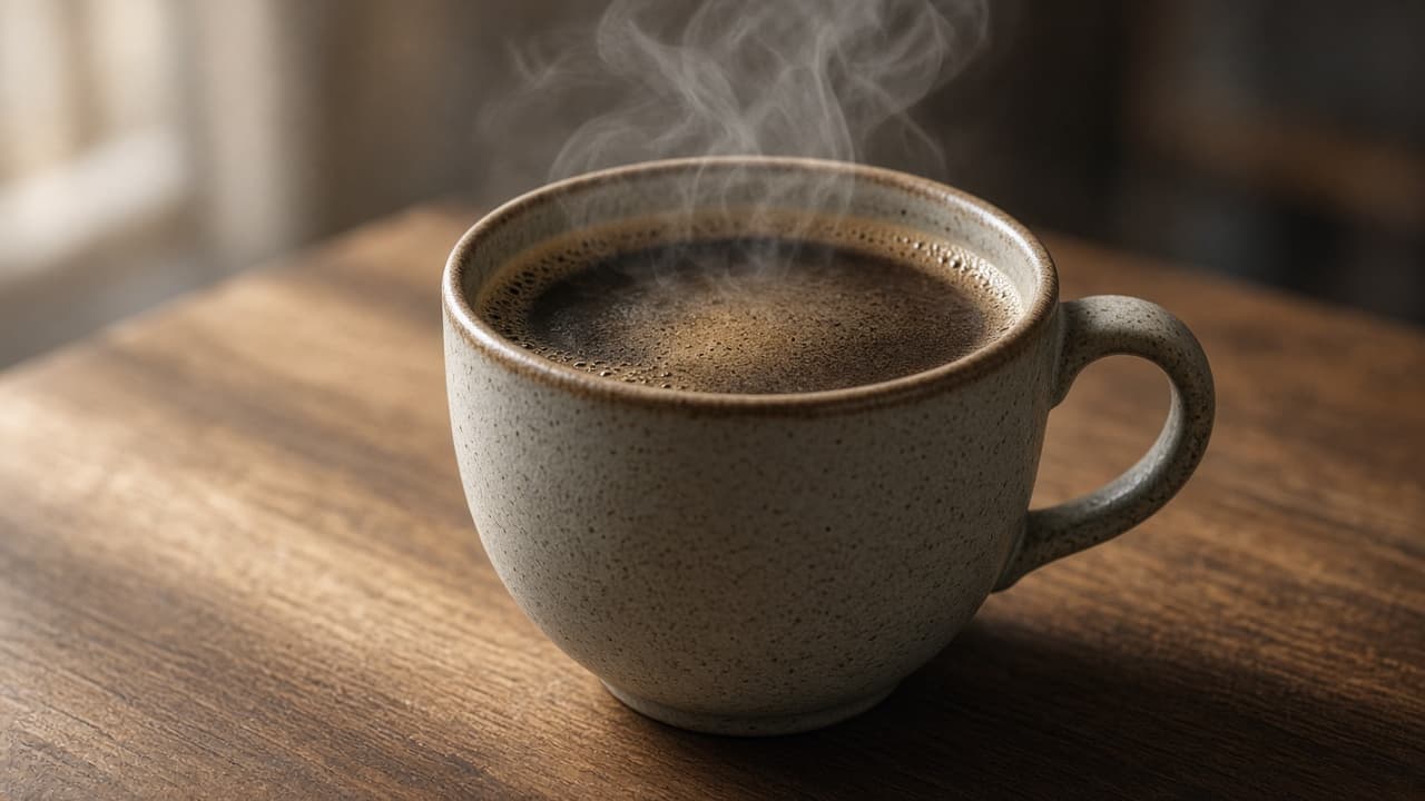 Kop koffie met stoom in zacht middaglicht