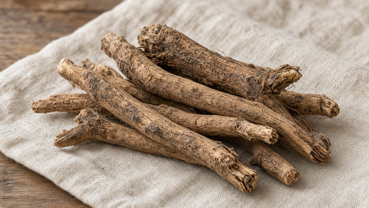 Gedroogde ashwagandha-wortelstukken op een rustige ondergrond