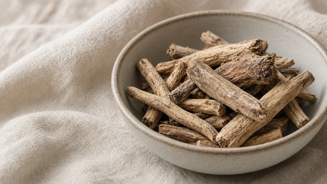 Gedroogde ashwagandha-wortelstukken in een keramieken schaal