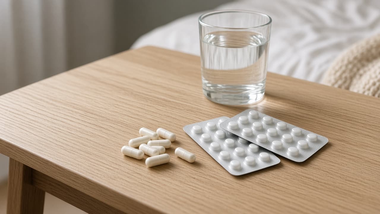 Magnesiumcapsules naast medicijnblisters en een glas water