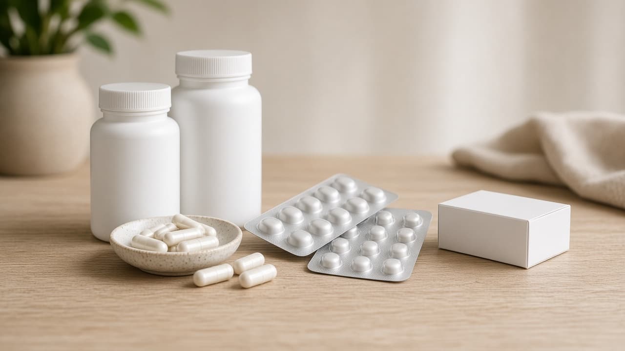 Apotheekschap met geneesmiddelen: omega-3 naast andere medicatie