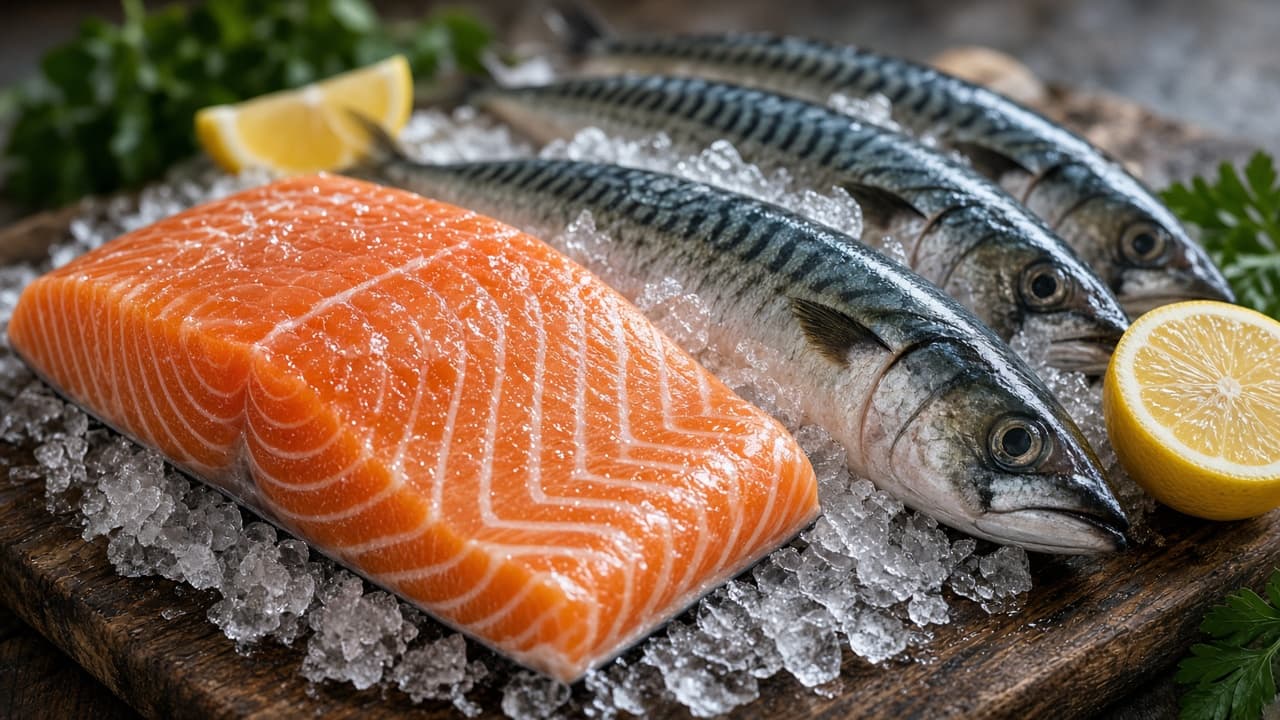 Zalmfilet en makreel op ijs met citroen